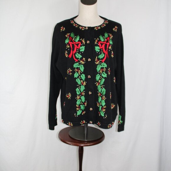 B.P Design Women's Christmas Cardigan Sweater Button Up Holly and Bows Holiday L - Picture 1 of 14